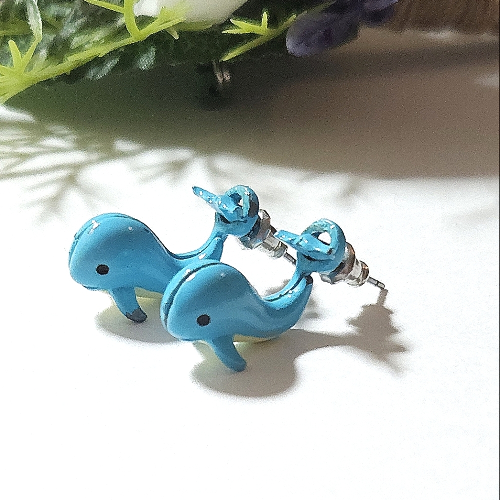 Vintage Blue Whale Front Back Earrings Blue & White Whale 3D Post Earrings